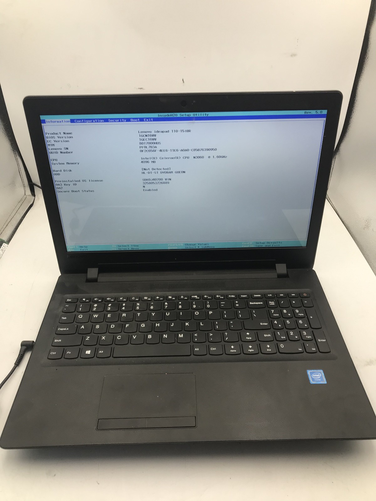 LENOVO IDEAPAD 110 15IBR -BOOTS TO BIOS- INTEL CELERON N3060 – 4GB RAM -READ- BB