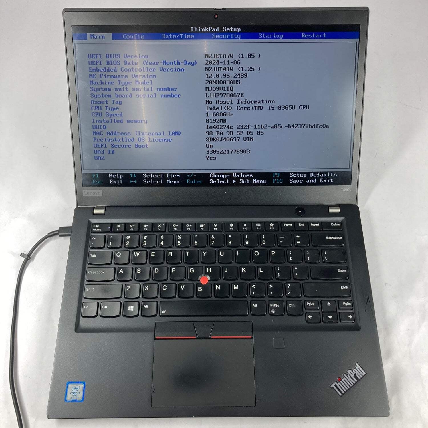 Lenovo ThinkPad T490s 14″ i5-8365U 1.6GHz 8GB RAM NO SSD NO OS BAD BATTERY