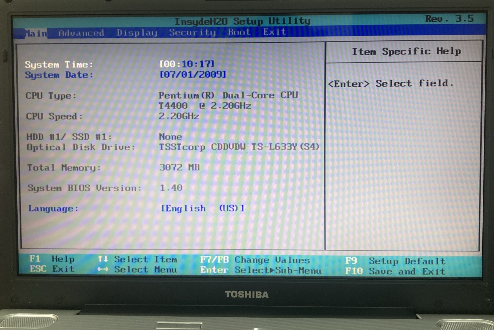 Toshiba Satellite L505 Pentium Dual-Core T4400 2.20GHz 3GB no HDD Boot to BIOS