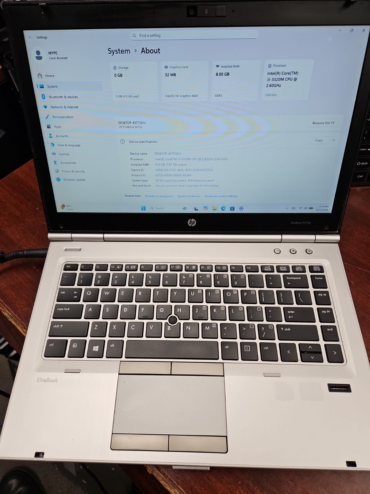 HP EliteBook 8470p|14in|Intel core I5@2.60 GHz|500GB HDD|8GB RAM|WIN.11 PROF|