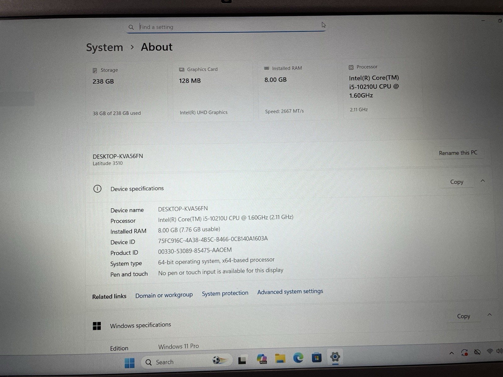 Dell Latitude 3510 256gb Nvme Win 11 i5-10210u 4Core 2.11ghz 8gb RAM Webcam C D
