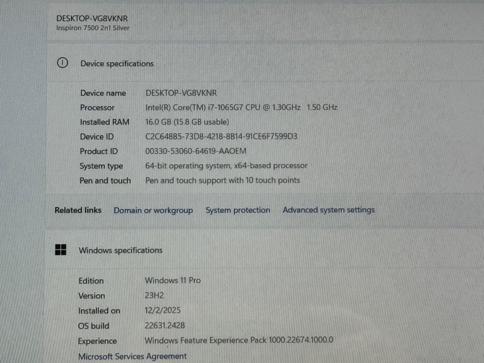 Dell Inspiron 7500 2-in-1 Silver 15.6″ Core i7-1065G7 1.3GHz 16 GB 512GB Nvme