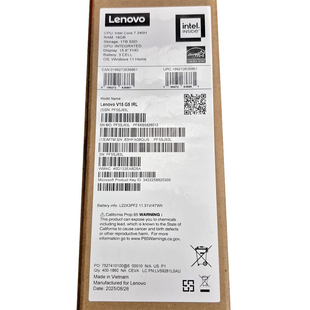 Lenovo V15 G5IRL 15.6″ FHD Intel Core 7 240H 10-Core 16GB RAM 1TB SSD Win 11