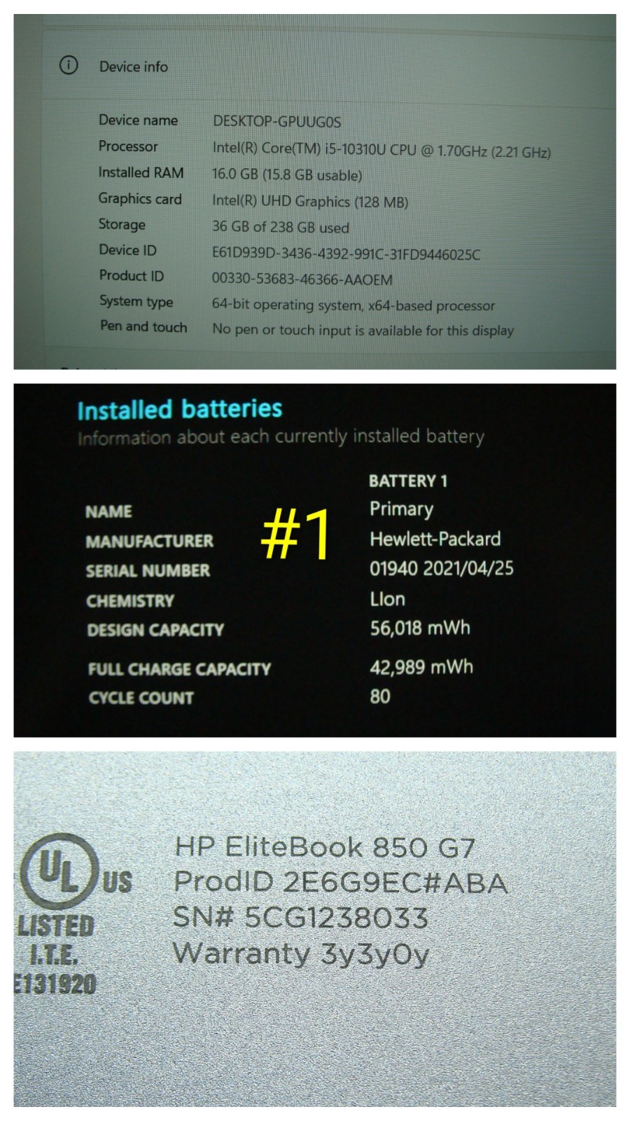 HP EliteBook 850 G7 15.6″FHD Intel i5-10310U 1.7GHz 16GB 256GB SSD W11P +Charger