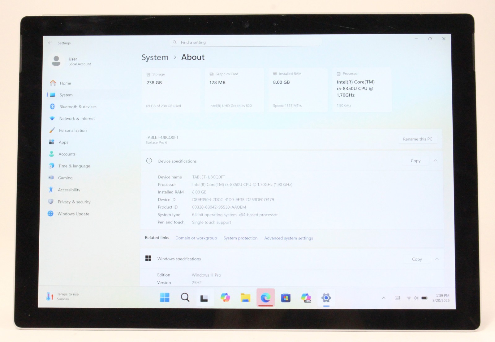Microsoft Surface Pro 6 12″ 1.7GHz i5-8350U 256GB SSD 8GB RAM Win 11 ; 6175424