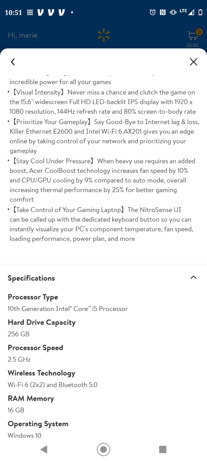 Acer Nitro 5 15.6″ (512GB SSD, Intel Core i7 11th Gen., 4.60 GHz, 16GB)…