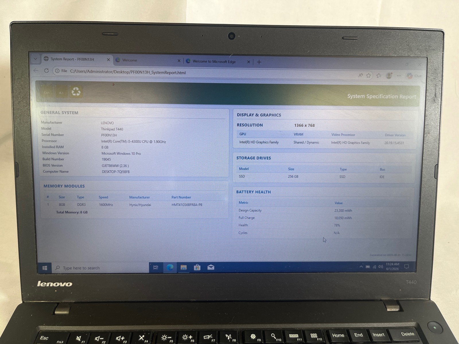 Lenovo ThinkPad T440 Intel Core i5-4300U 8 GB 256GB SSD 14″