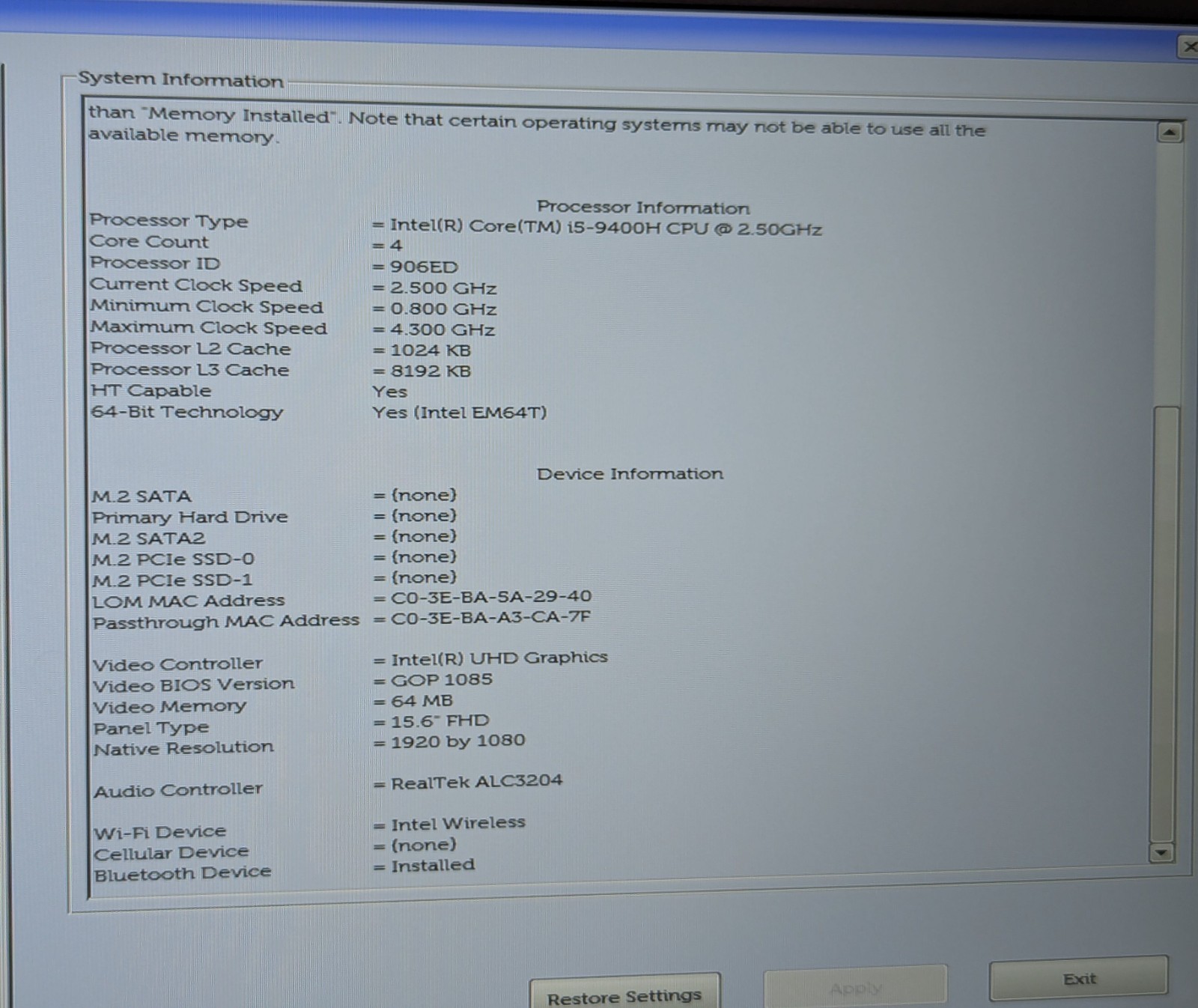 Incomplete Dell Latitude 5501 15.6″ Laptop i5-9400H 2.50GHz 16GB RAM – *READ*