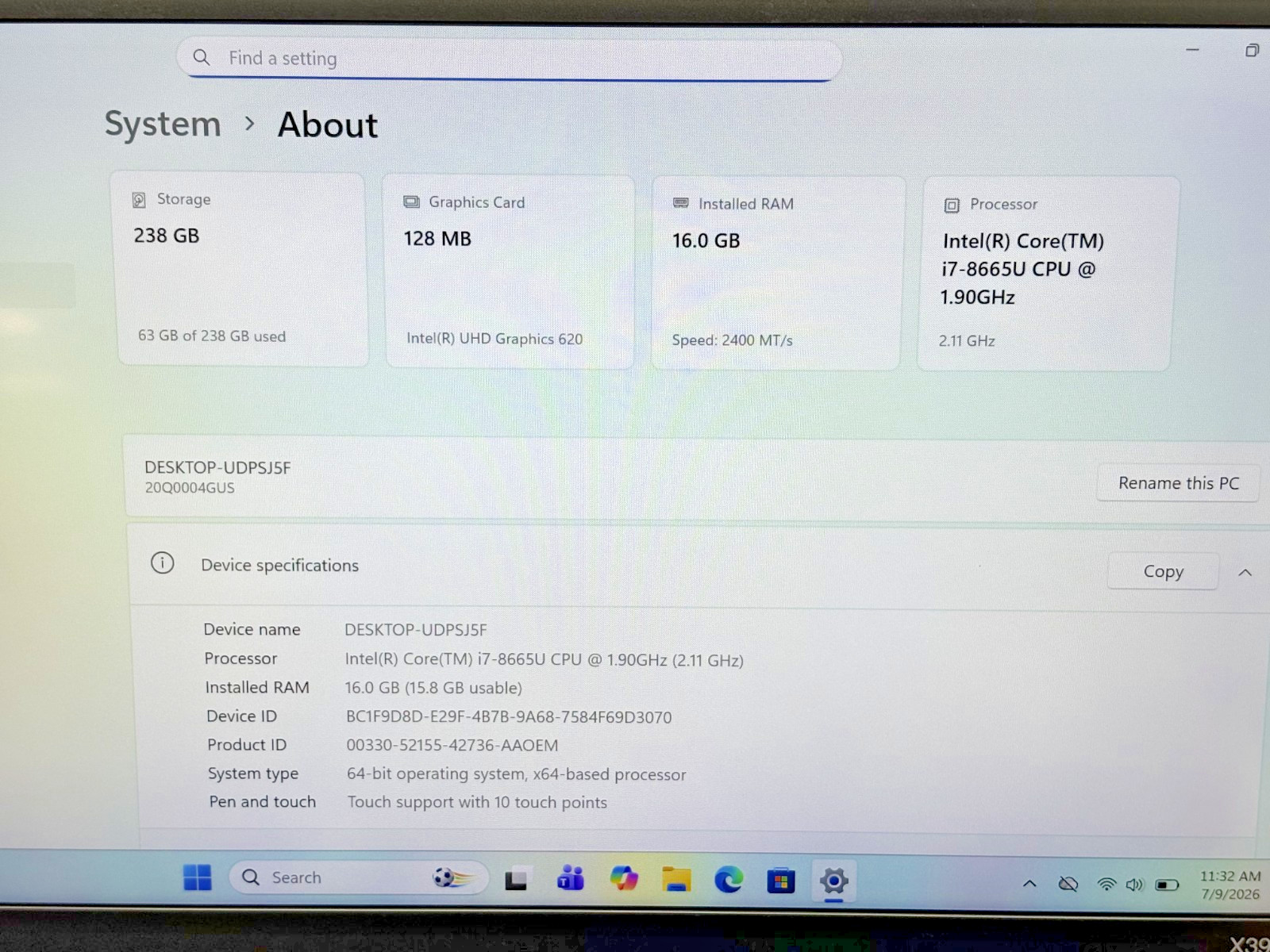 Lenovo ThinkPad X390 Intel i7-8th Gen 1.90GHz 16GB RAM 256GB SSD Windows 11 Pro*