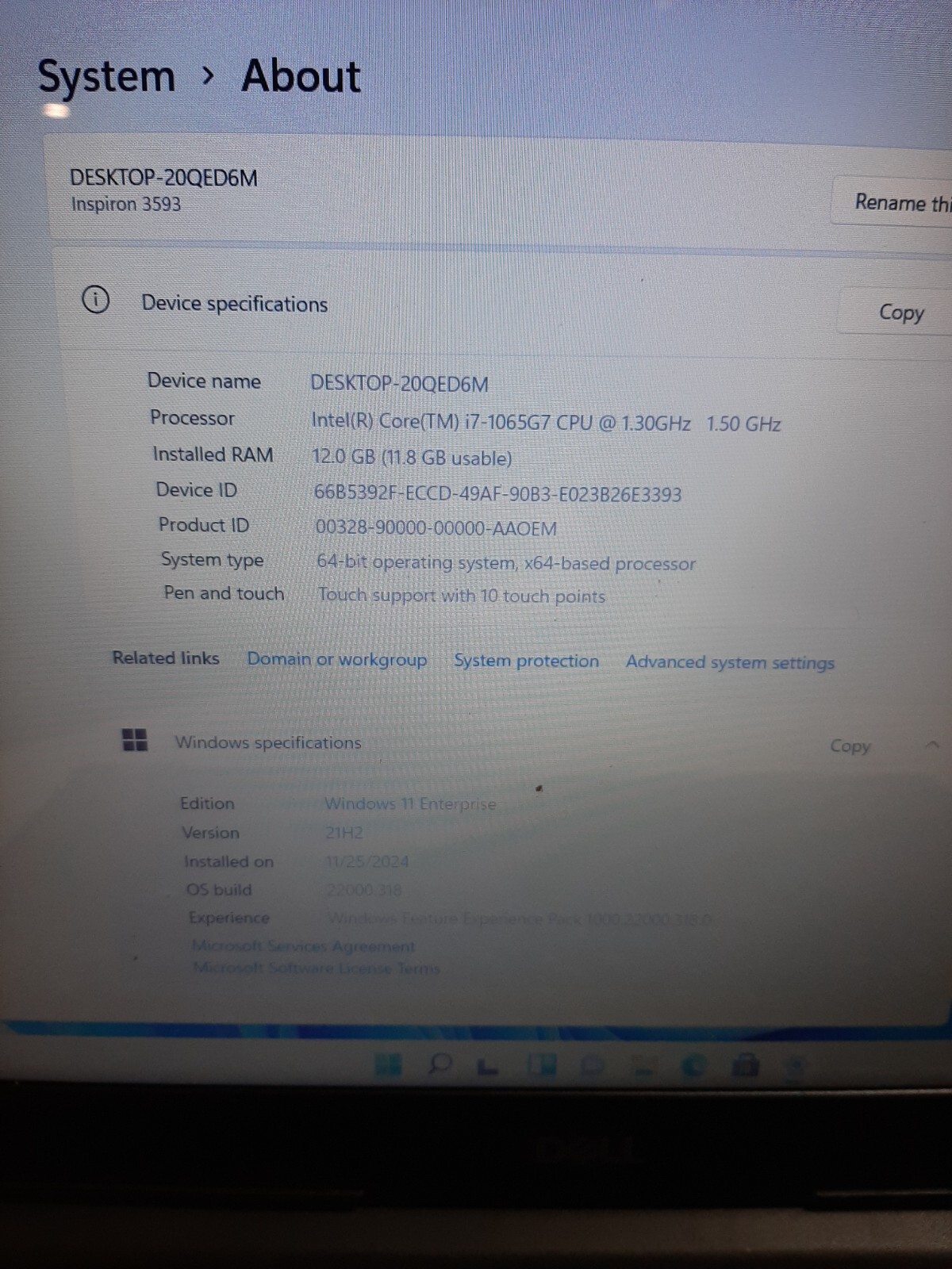Dell Inspiron 3593 Touch. i7-1065G7 1.30GHz 12GB RAM 500GB SSD Win11 *READ* #97