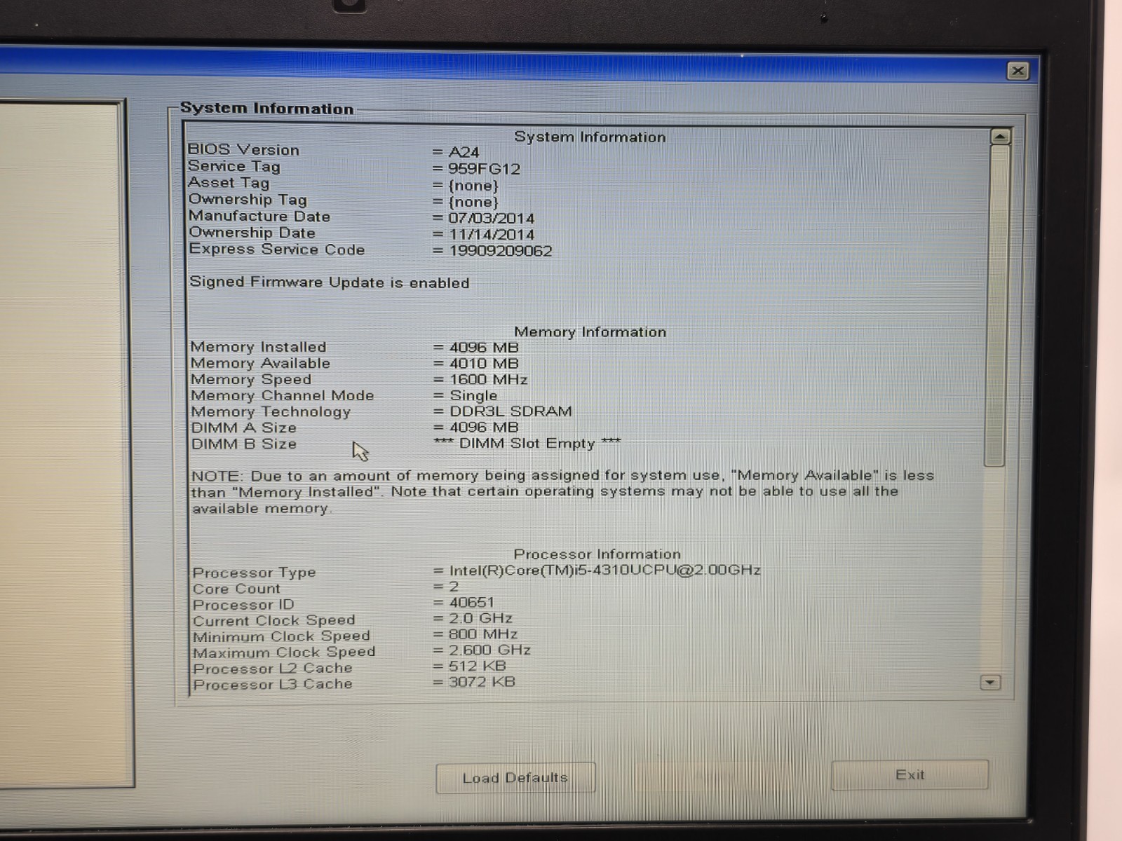 Dell Latitude E5440 Intel Core i5-4310U 2.0GHz 4GB RAM NO HDD/OS Boots Bios #45