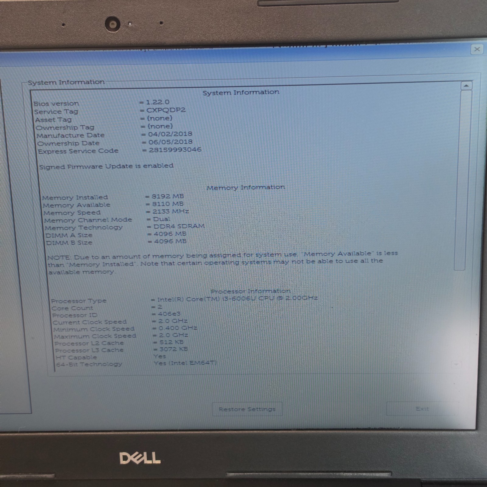 Dell Latitude 3590 Laptop PC | Intel Core I3-6006U 2.00GHZ | 8GB Ram | No HDD A5