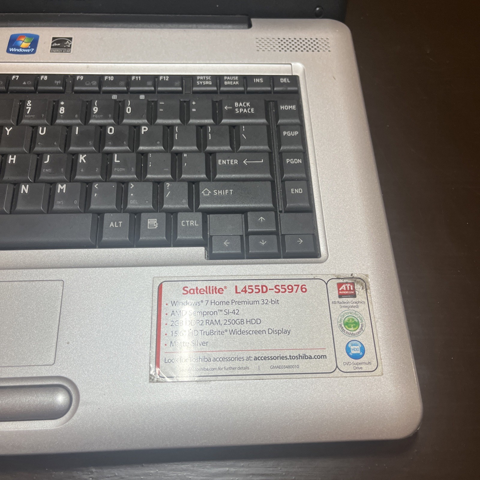 Toshiba Satellite Labtop L455D-S5976 250 GB HDD Widescreen For Parts Only As Is