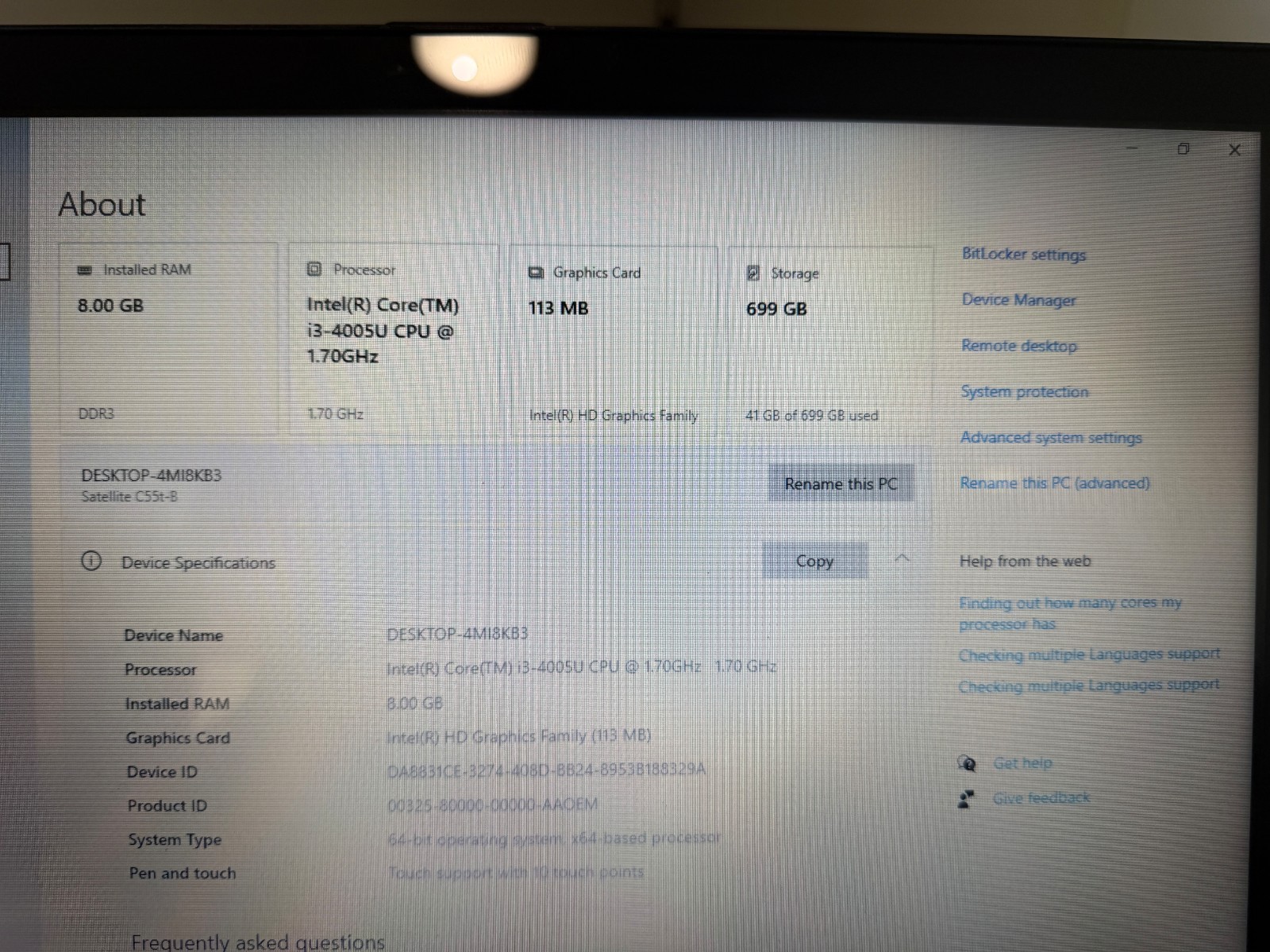 Toshiba Satellite C55t 15.6″ Intel Core i3-4005U @1.70GHz 8GB RAM 750GB HDD