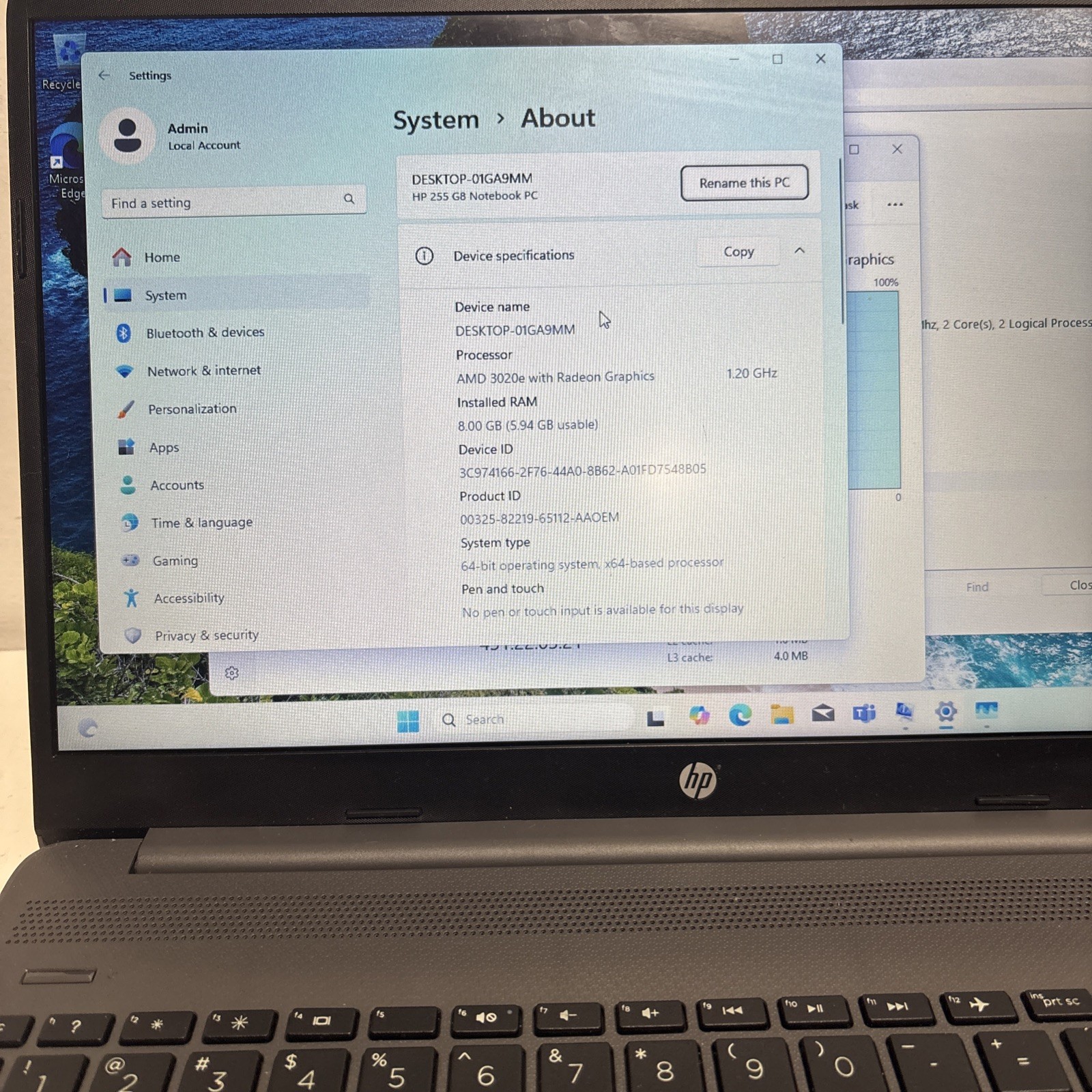 HP NoteBook 255 G8 15.6″ AMD 3020e 1.2GHz 8GB RAM 256GB SSD With Powecord