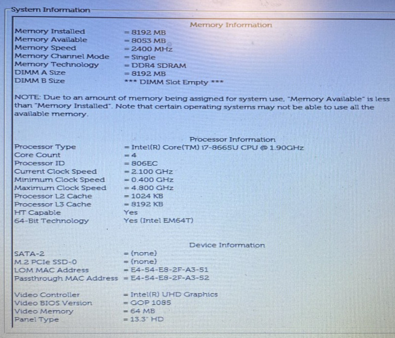 Dell Latitude 5300 i7-8665U @ 1.90 GHz 8GB Ram NO SSD/OS/AC BIOS LOCKED PARTS