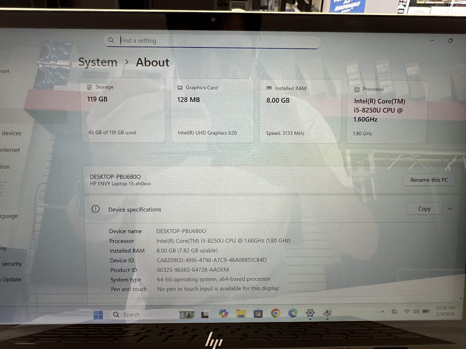 HP 13.3″ ENVY 13-ah0075nr i5-8250U 1.80 GHz 8GB RAM 128GB SSD Win 11 Pro