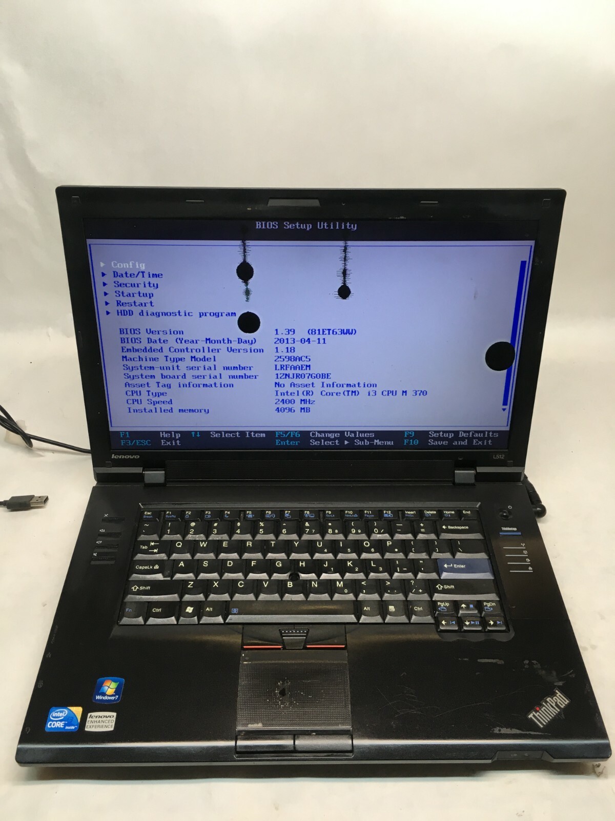 Lenovo Thinkpad L512 Laptop For Parts Boots to BIOS Broken LCD Screen NO HDD JR