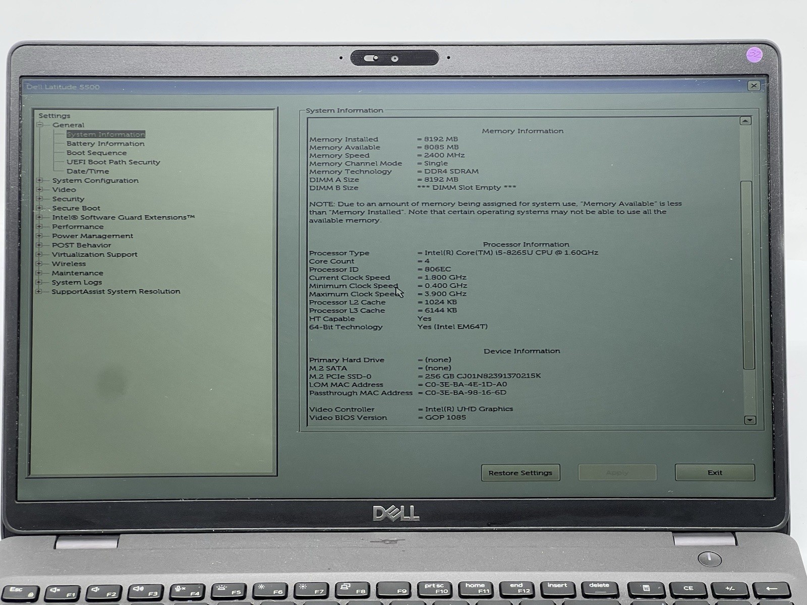 Dell Latitude 5500, i5-8265U CPU, @ 1.60GHz, 8GB RAM, 256GB NVMe- No OS/Charger