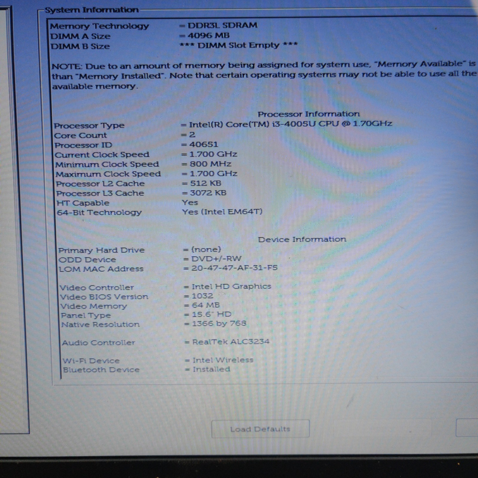 DELL INSPIRON 5558 Laptop Intel Core i3-4030U 1.90 GHZ 4GB RAM NO SSD/OS/AC/BATT