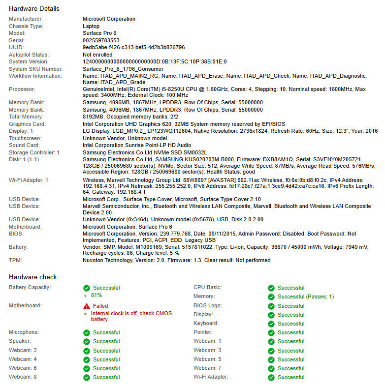 Microsoft Surface Pro 6, i5-8250U CPU, @ 1.60GHz, 8GB RAM, 128GB NVMe-No OS/AC