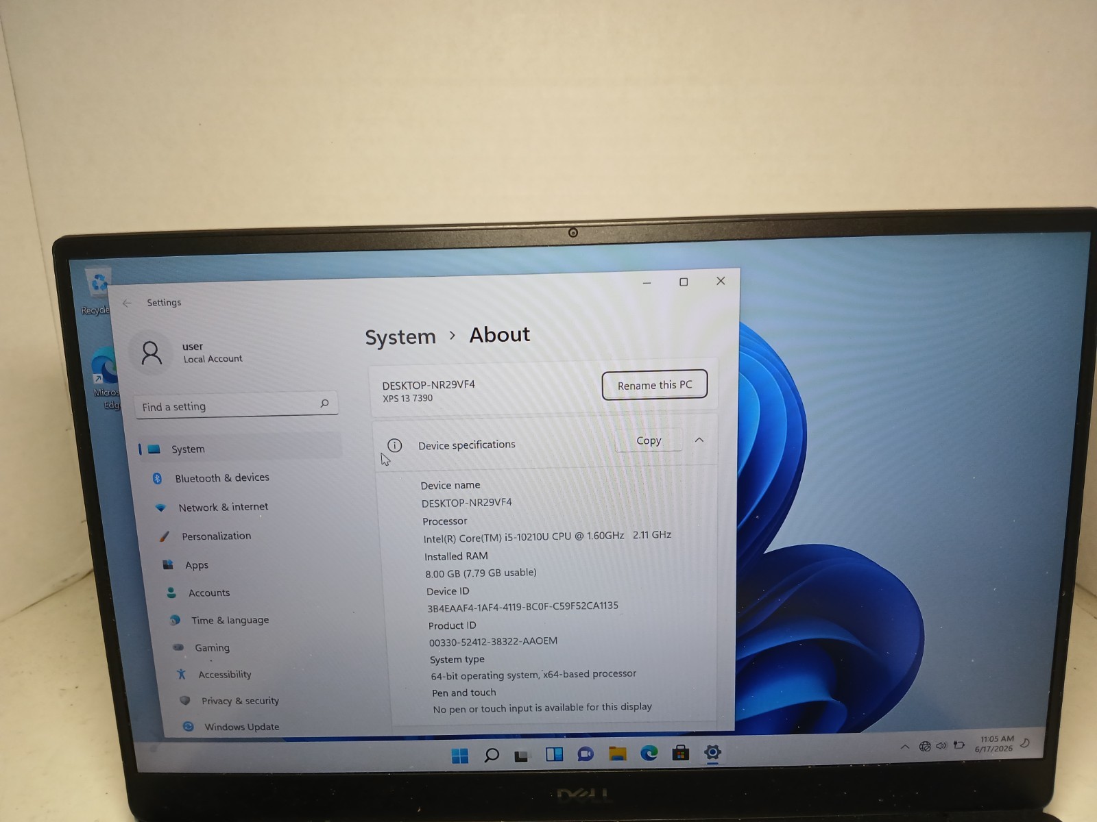 Dell XPS 13 7390 13.3″ i5-10210U 1.6GHz 8GB RAM 256GB SSD Win11 #97