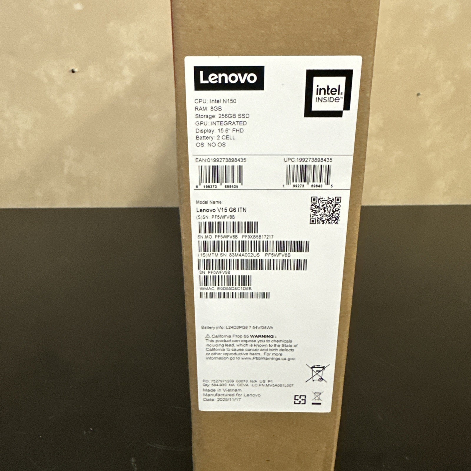 Lenovo V15 G6 ITN, 15″ FHD, N150, 8GB RAM, 256GB SSD, Win 11