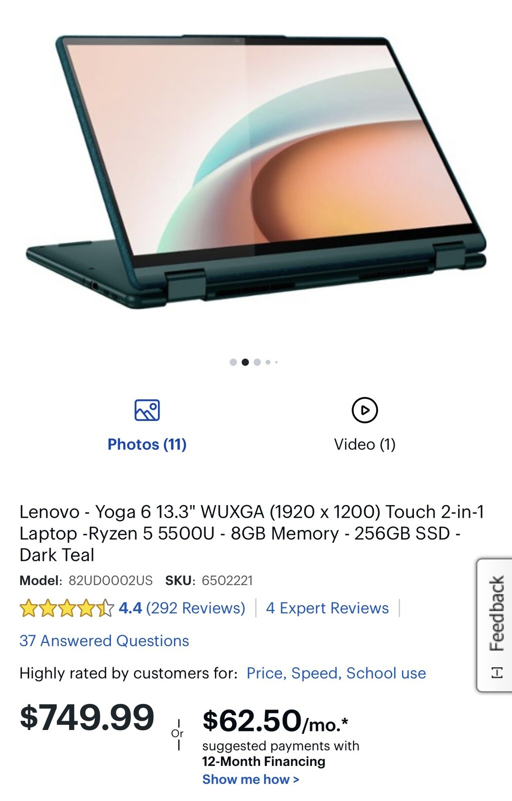 Lenovo Yoga 6 13ALC7 13.3″ (256GB SSD, AMD Ryzen 5 5000 Series, 4.0 GHz, 8GB)…