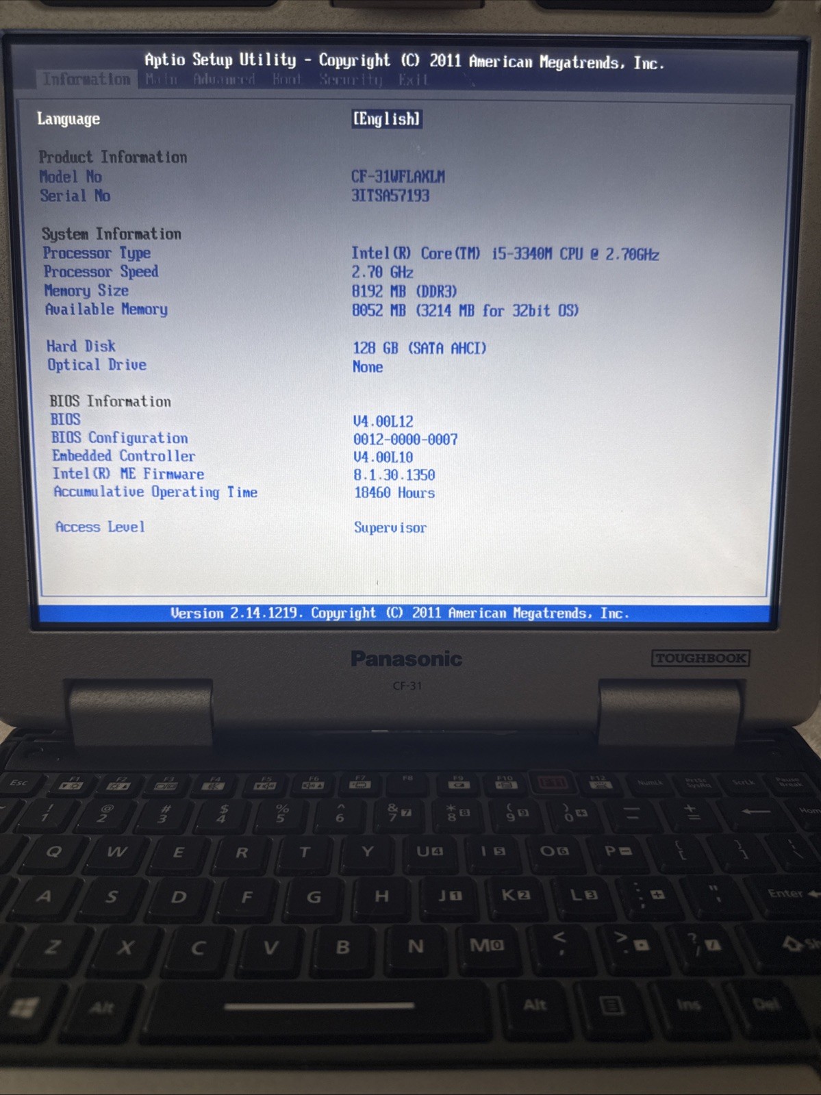 Panasonic Toughbook CF-31 MK4 i5-3340M 2.7GHz/8GB 128GB/NoOS/NoDVD/No AC Charger