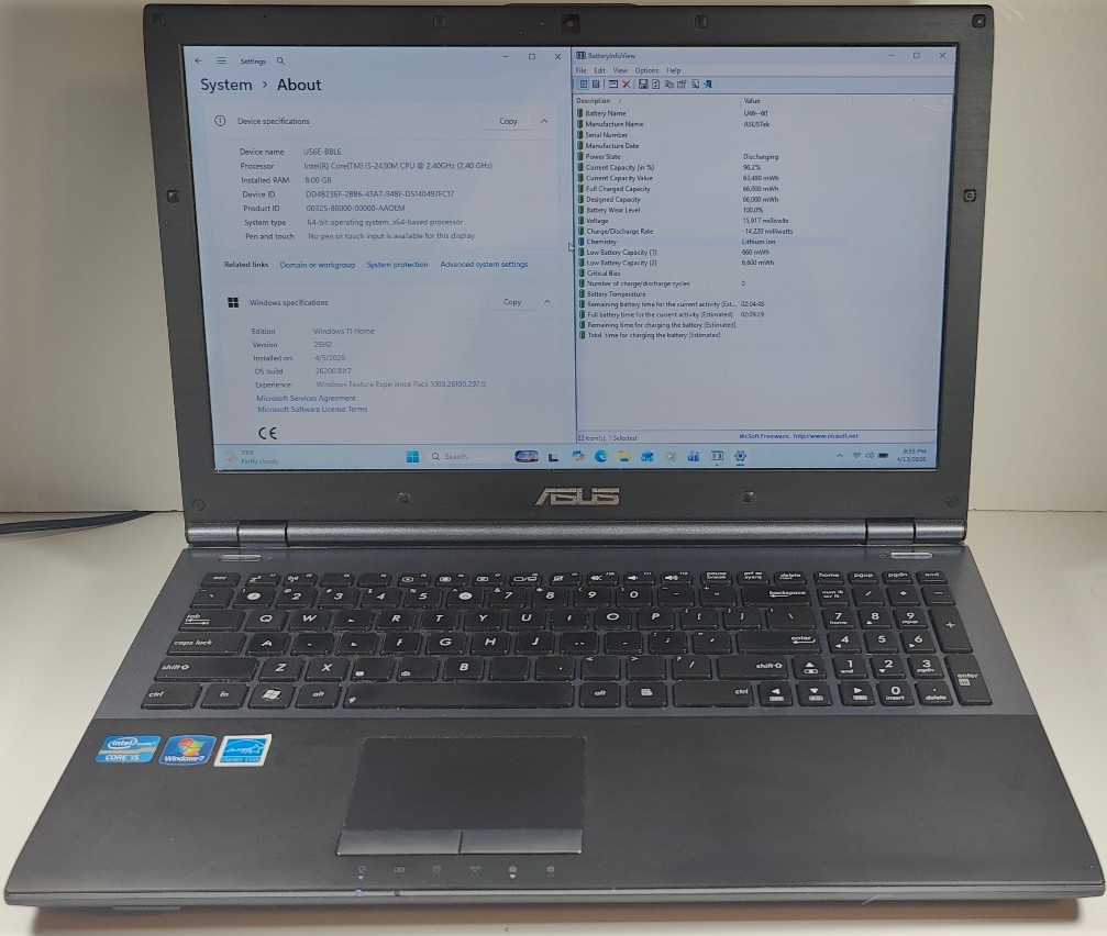 Asus U56E-BBL6 Core i5-2430M 2.4GHz/8GB RAM/256GB SSD/15.6″ Win11