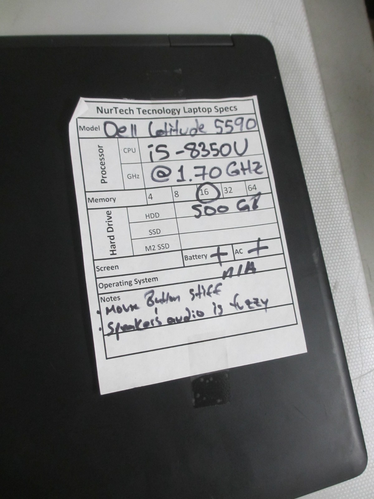 Dell Latitude 5590 i5-8350U 1.7GHz 16GB 500GB NO OS Laptop +AC READ-