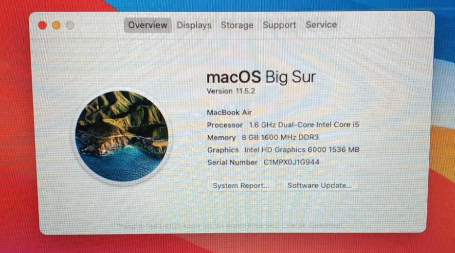 Apple MacBook Air A1466 i5-5250U@1.60 8GB/500GB M.2 Mac OS Big Sur READ MC737*!