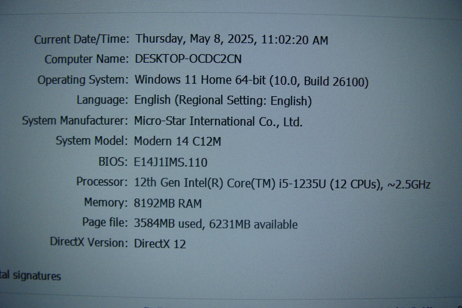 MSI Modern 14 C12M 14”FHD core i5-1235U 2.5GHz 8GB 512GB 95% Battery +Charger