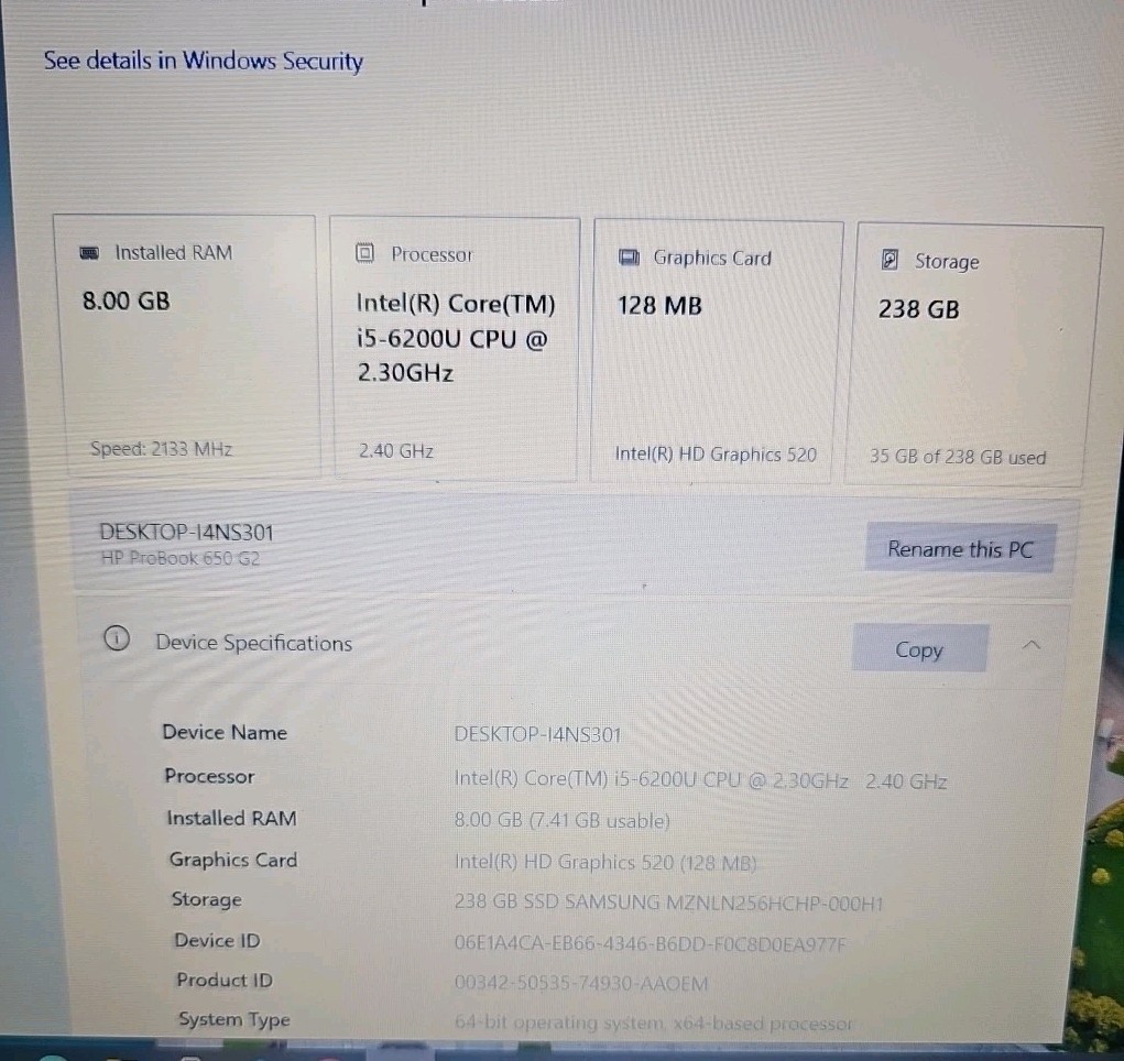 HP ProBook 650 G2. Laptop 15.6”. Core i5 8GB RAM 256GB SSD. Win 10, WiFi, DVD