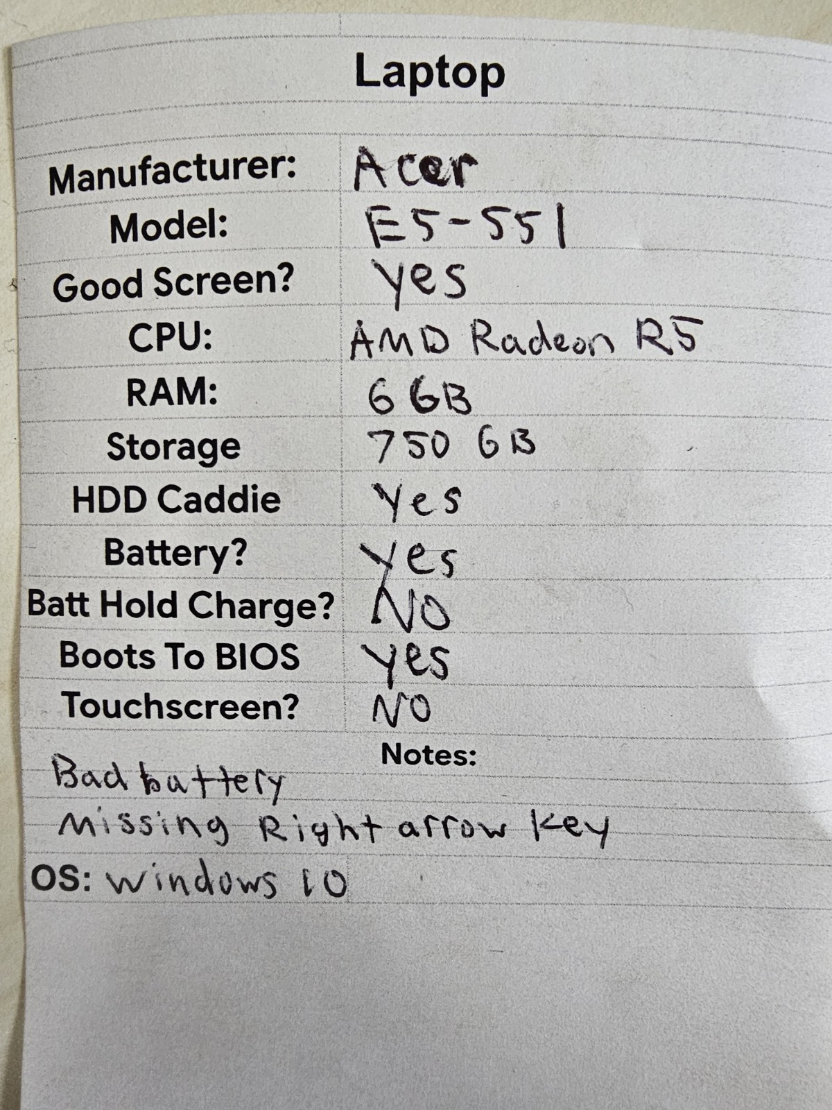 Acer E5-551 Laptop – AMD Radeon R5 – 6GB RAM – 750GB HDD – Win 10 BAD BATT Read
