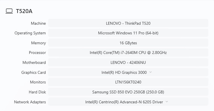 Lenovo ThinkPad T520 Laptop | i7-2640M 2.8GHz | 16GB | 250GB SSD | BD-RE | Win11