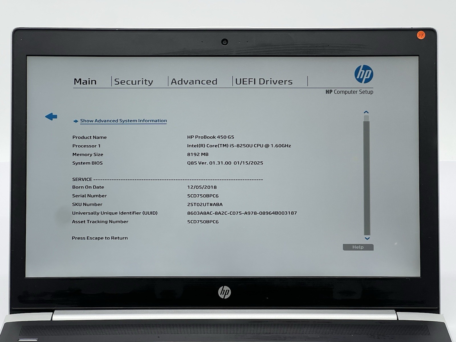 HP ProBook 450 G5, i5-8250U CPU, @ 1.60GHz, 8GB RAM, 256GB SSD-No OS/Charger