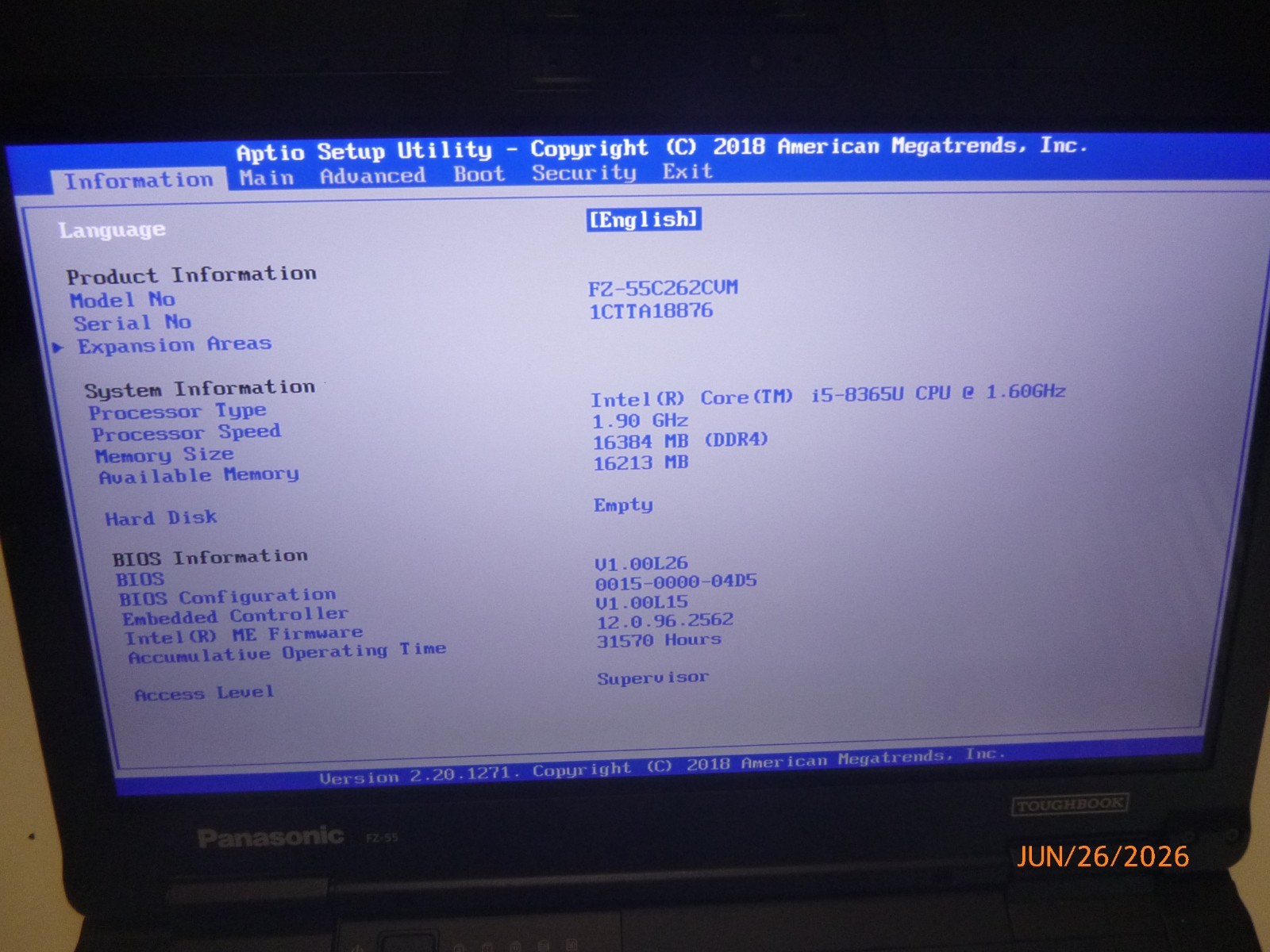 Panasonic FZ 55 Toughbook i5-8365U 1.6GHz 16GB – Touch – Webcam