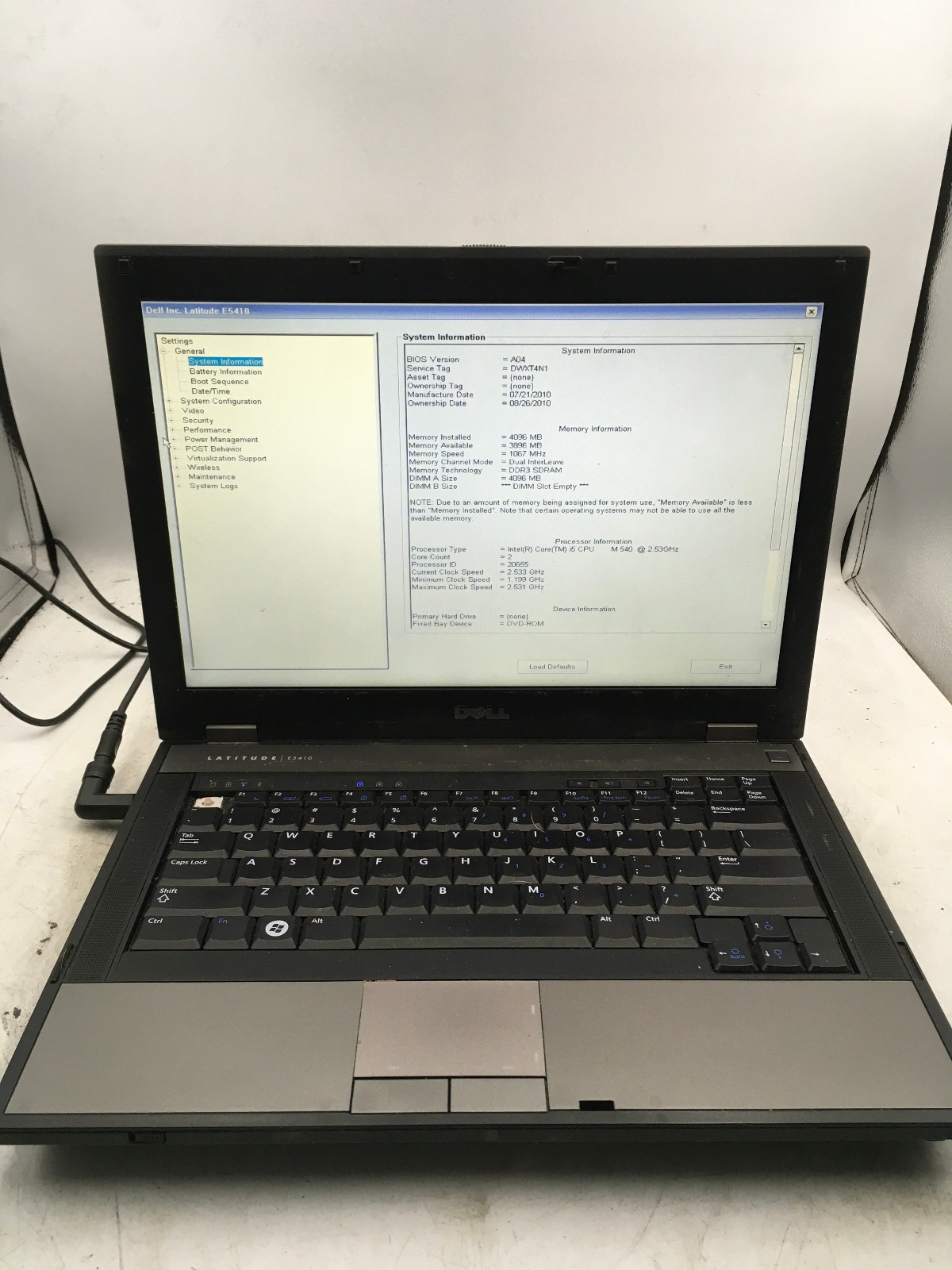 DELL LATITUDE E5410 – BOOTS TO BIOS – INTEL I5 M540 – NO RAM – READ DESCRIP – BB