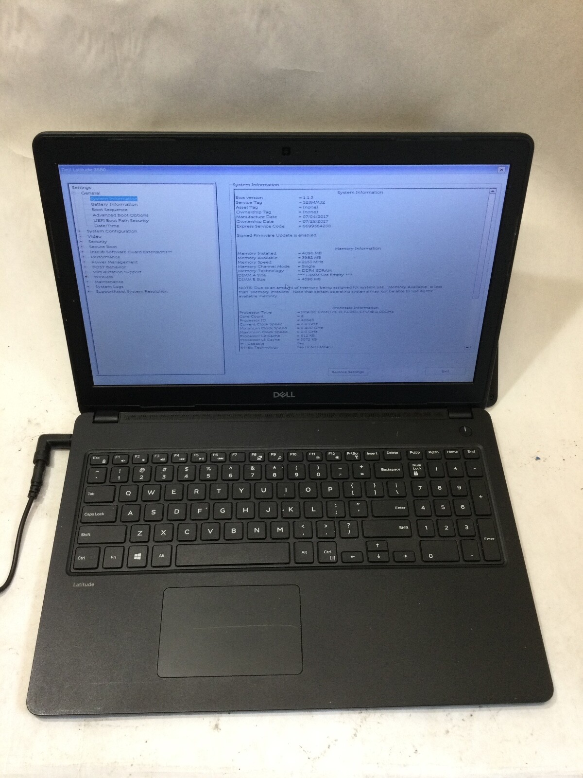 DELL LATITUDE 3580 – INTEL I3 – 4GB RAM – BOOTS TO BIOS – READ DESCRIPTION – BB!