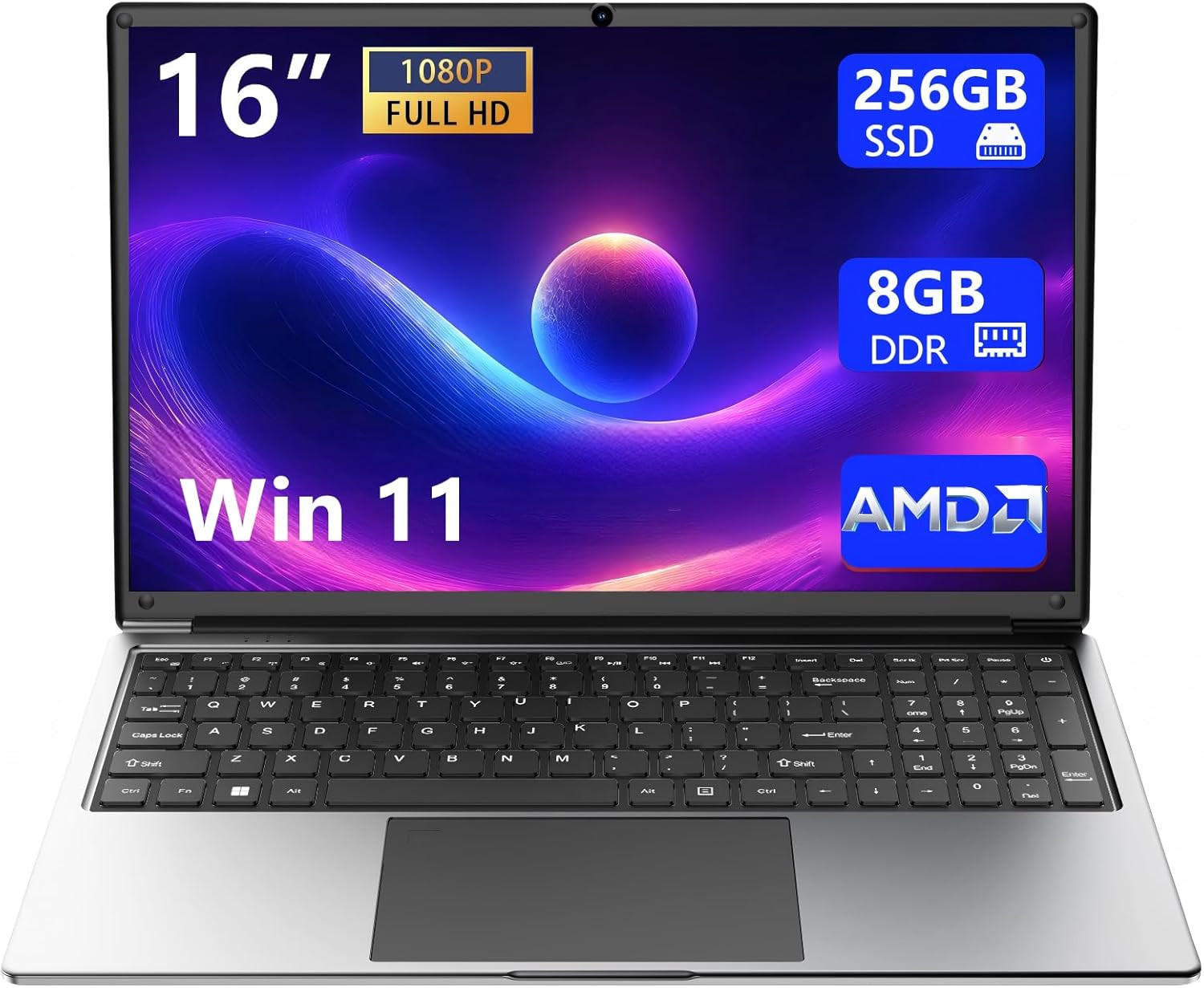 Laptop 16-Inch 8GB DDR 256GB SSD Portable Laptop Computer, Expandable to 1TB, AM