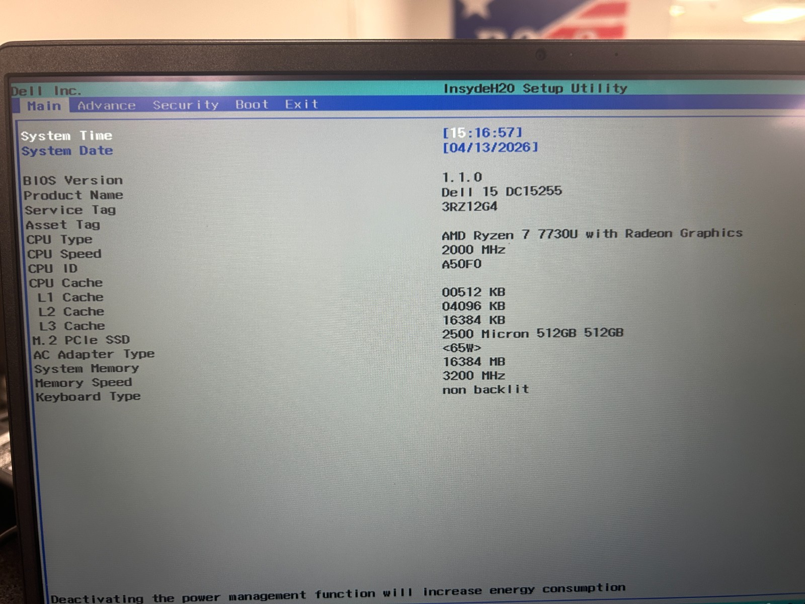 DELL 15 DC15255 G8MK9, AMD Ryzen 7 7730U, 2.00 GHz, 16 GB RAM, 512 GB NVMe SSD