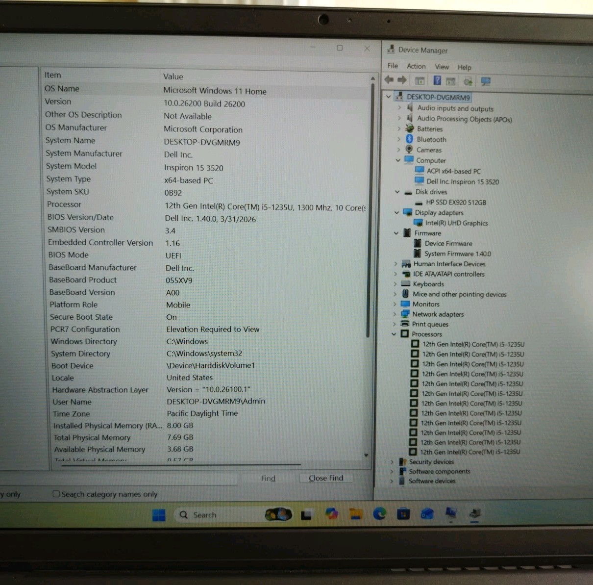 Dell Inspiron 15 3520 i5-1235U, 8GB RAM, 512GB SSD, Charger Included Win11 Mint