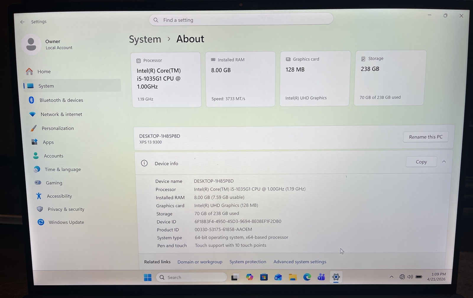 Dell XPS 13 9300 13.4″ i5-1035G1@1.20GHz, 8GB RAM, 256 GB M2, Win 11 Pro *READ