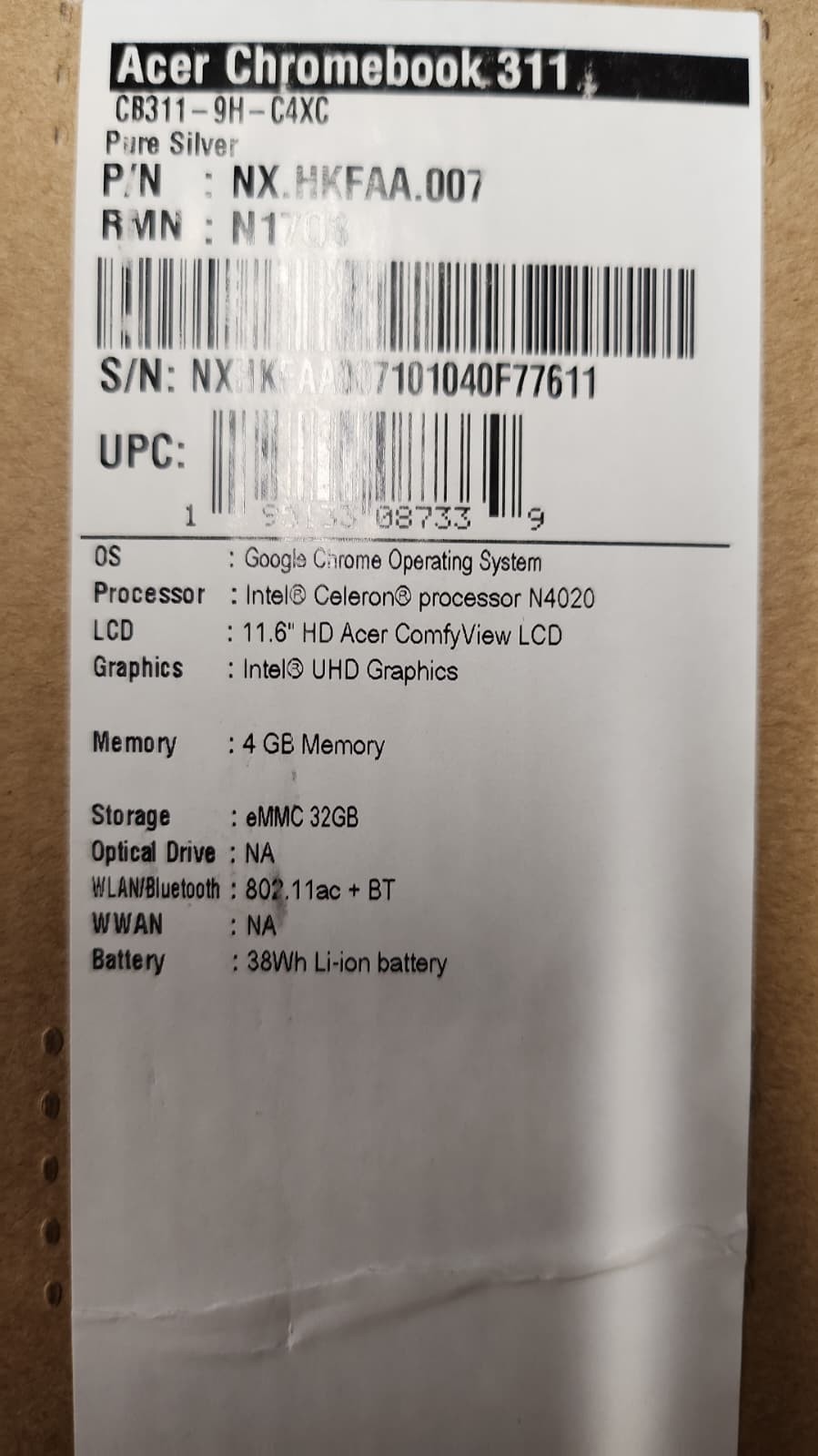 “Acer Chromebook 311, 11.6″” HD, Intel Celeron N4020, 4GB LPDDR4, 32GB eMMC USED