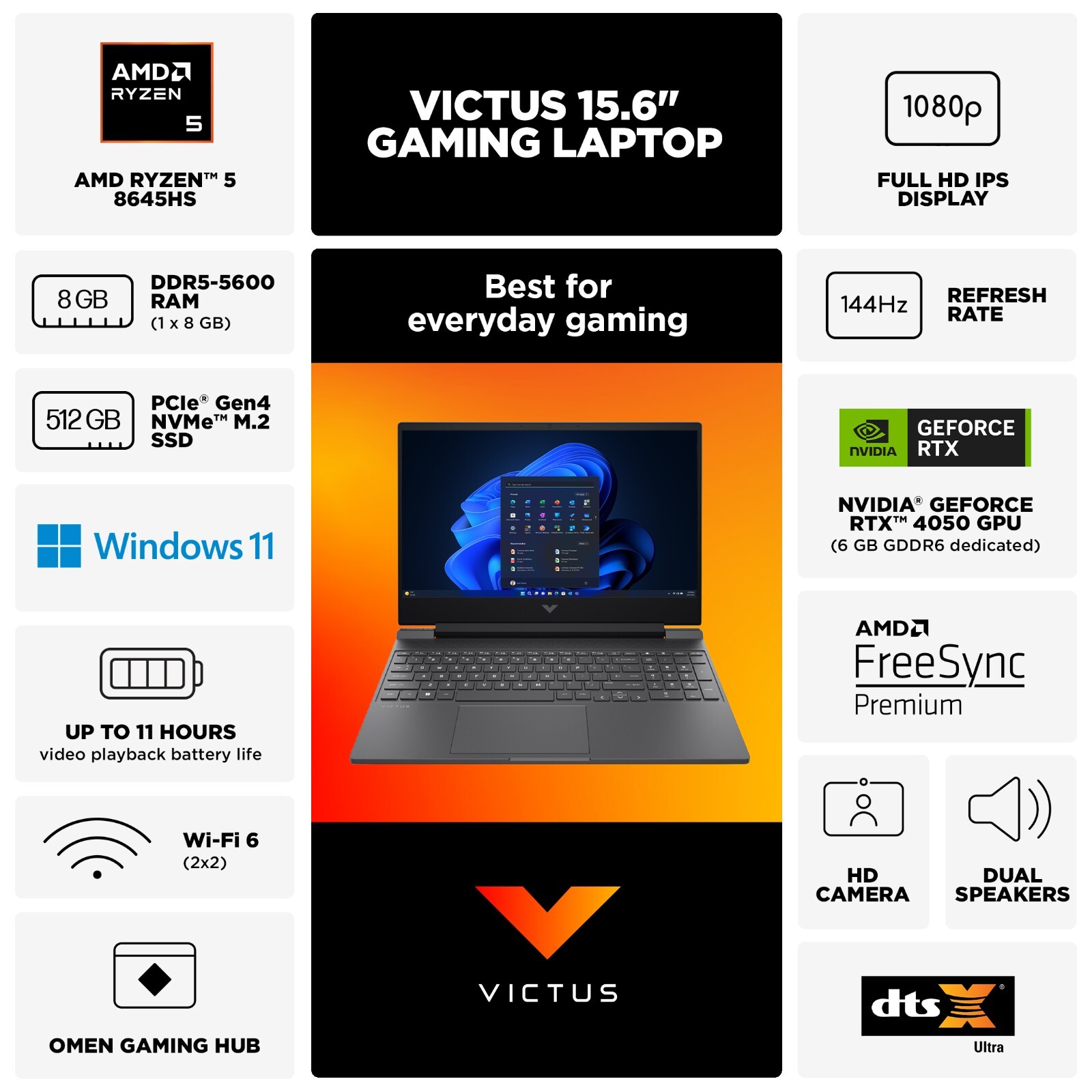 HP Victus 15.6″ (512GB SSD, AMD Ryzen 5 7000 Series, 4.55 GHz, 8GB) Gaming…