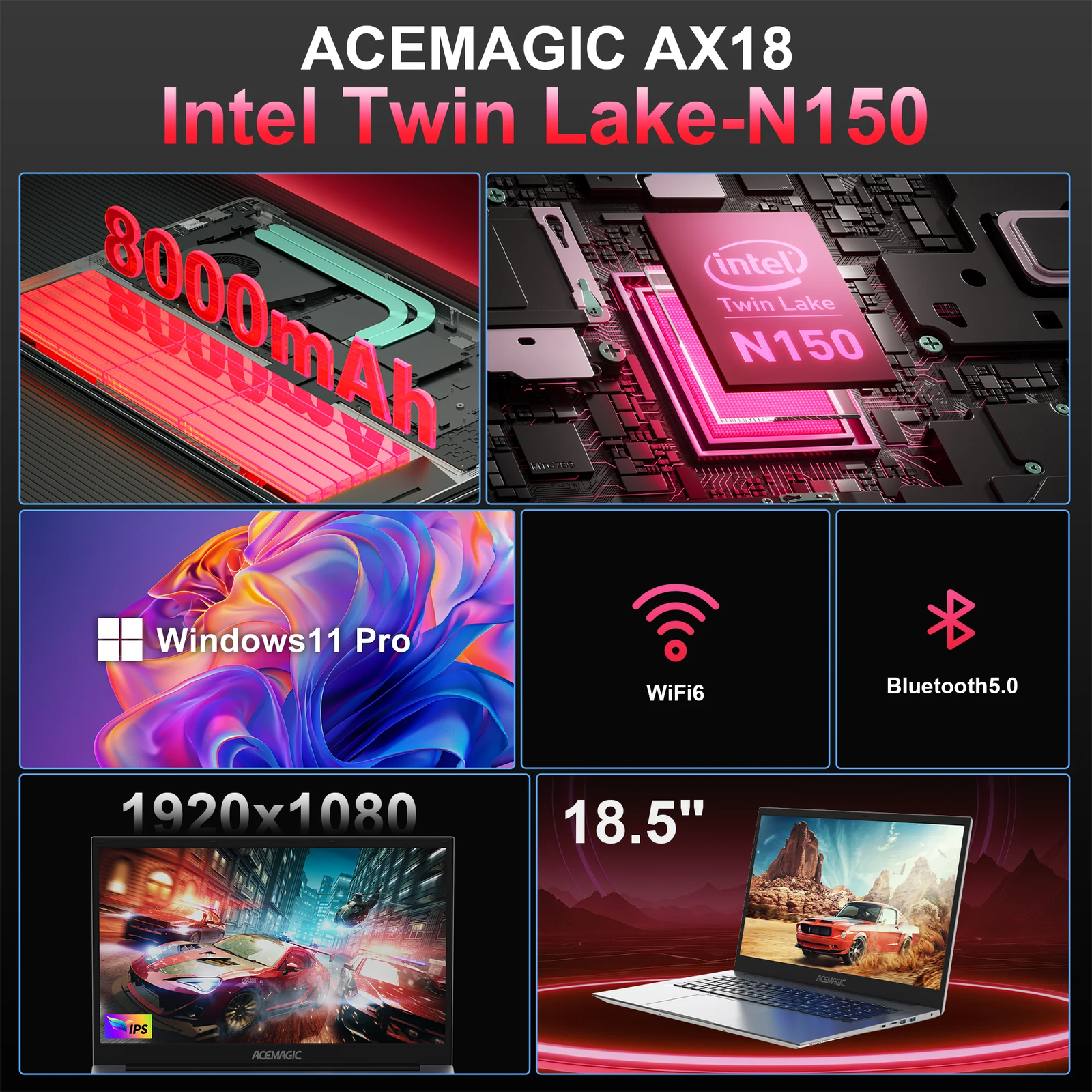 ACEMAGIC 18.5 in Laptop Intel N150 16GB DDR4 512GB SSD WIFI windows 11 Pro 1080P
