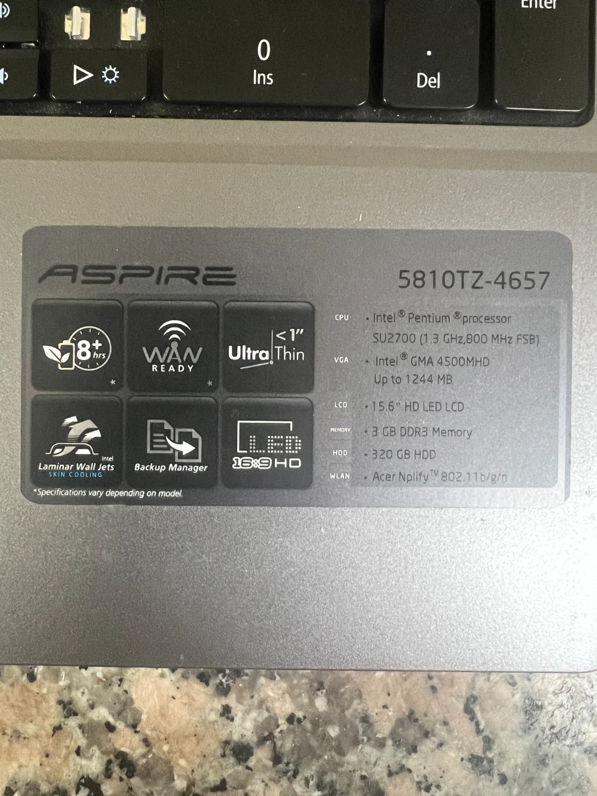 Acer Aspire 5810TZ-4657 Laptop with Intel Pentium U2700 1.30GHz 3GB