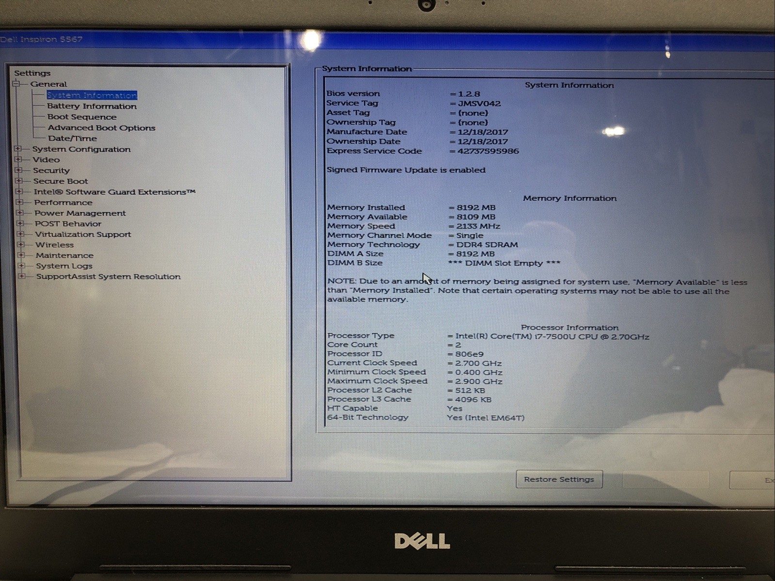 Dell Inspiron 5567, Intel Core i7-7500U @2.70Ghz, 8GB RAM, NO SSD/OS, Tested!