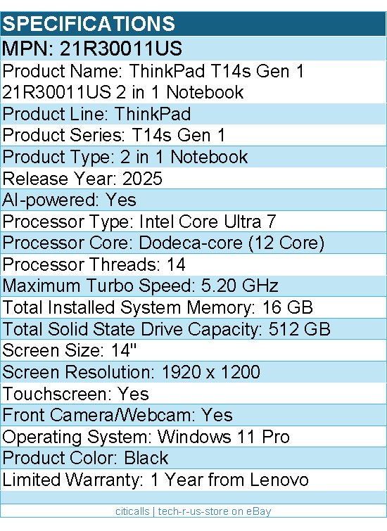 Lenovo 21R30011US ThinkPad T14s Gen 1 – 2 in 1 Notebook – Black